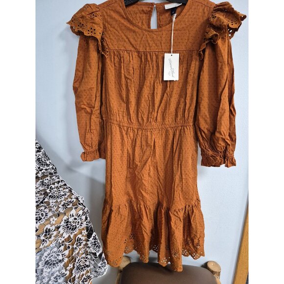 Women's Ruffle Long Sleeve Ruffle Dress - Universal Thread Brown Large - Picture 2 of 7